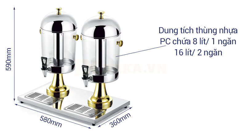 Kích thước bình đựng nước ép hoa quả 16 lít inox mạ vàng BC2214-2G