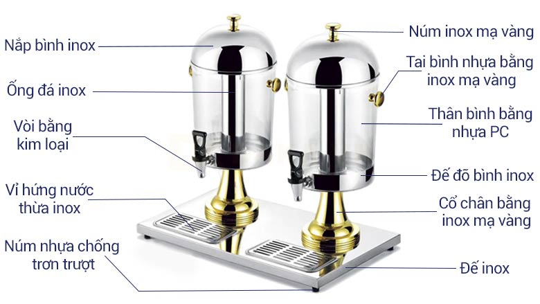 Mô tả bình đựng nước ép hoa quả 16 lít inox mạ vàng BC2214-2G